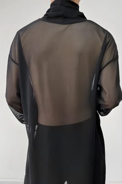 Y2K Sheer Mesh Turtle Neck Top - Retro 90s Grunge Style