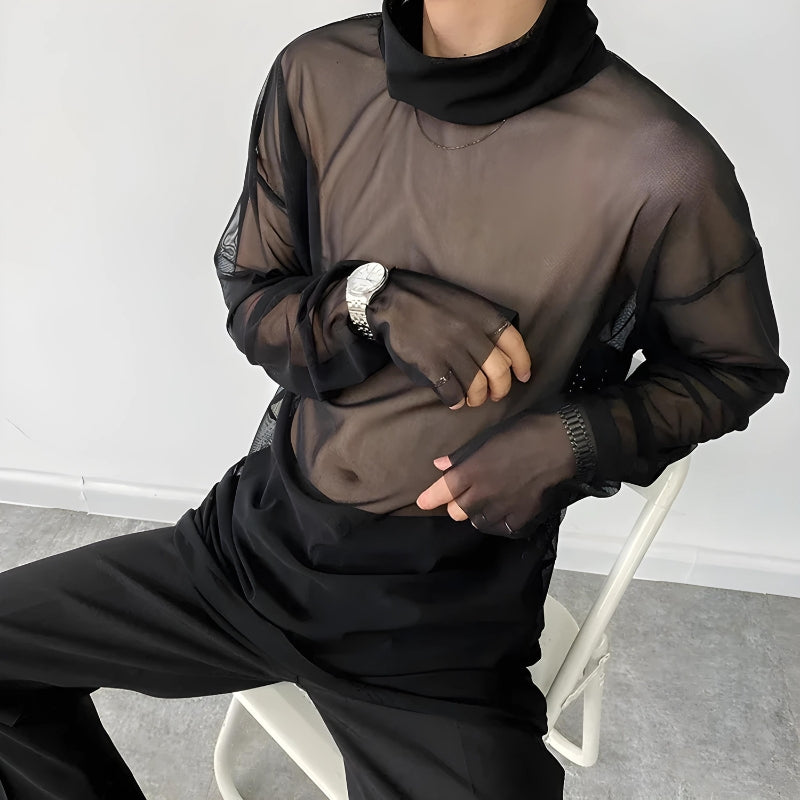 Y2K Sheer Mesh Turtle Neck Top - Retro 90s Grunge Style
