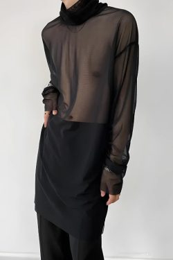Y2K Sheer Mesh Turtle Neck Top - Retro 90s Grunge Style