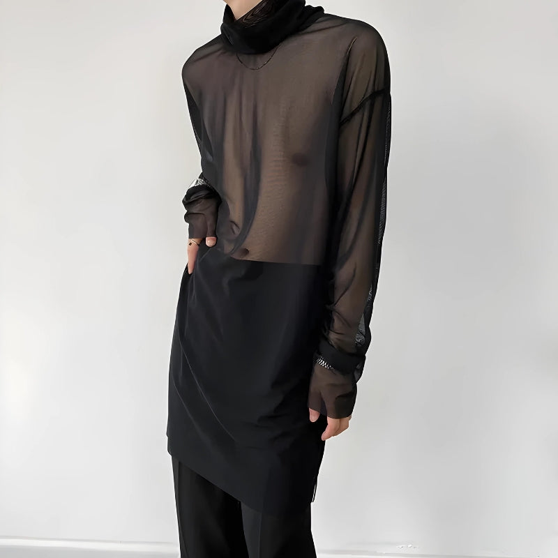 Y2K Sheer Mesh Turtle Neck Top - Retro 90s Grunge Style