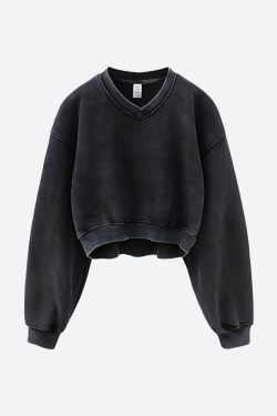 Y2K V-Neck Drop Shoulder Cropped Sweatshirt - Retro 90s Grunge Style