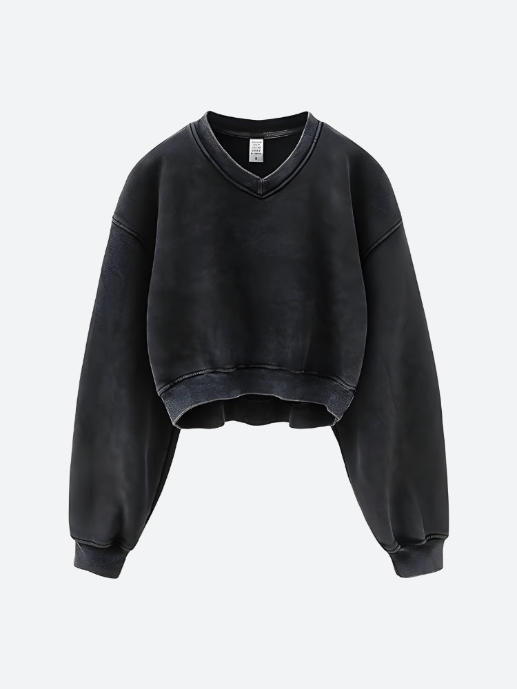 Y2K V-Neck Drop Shoulder Cropped Sweatshirt - Retro 90s Grunge Style Y2K V-Neck Drop Shoulder Cropped Sweatshirt - Retro 90s Grunge Style
