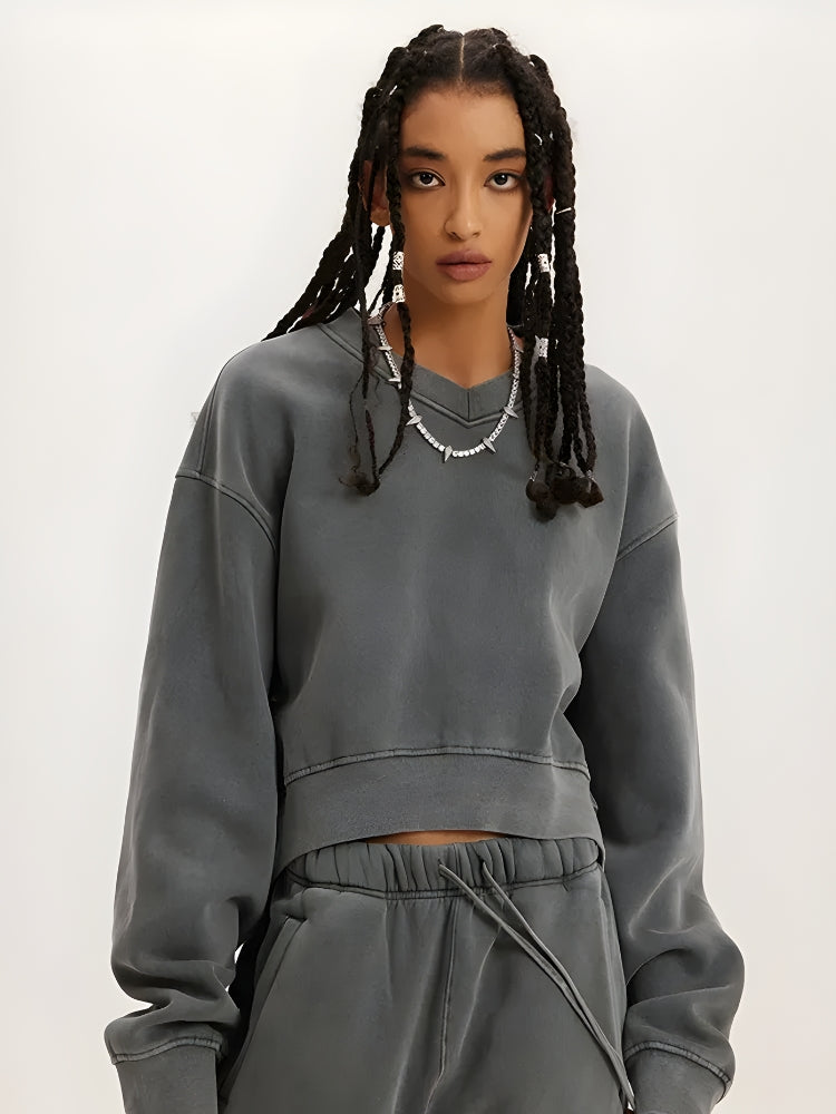 Y2K V-Neck Drop Shoulder Cropped Sweatshirt - Retro 90s Grunge Style Y2K V-Neck Drop Shoulder Cropped Sweatshirt - Retro 90s Grunge Style