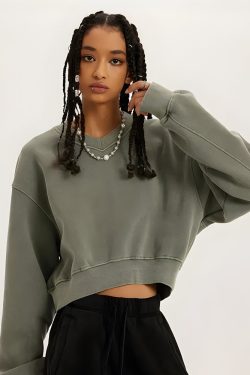 Y2K V-Neck Drop Shoulder Cropped Sweatshirt - Retro 90s Grunge Style