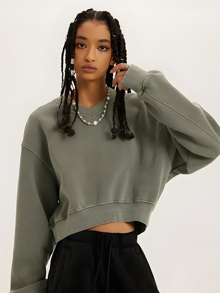 Y2K V-Neck Drop Shoulder Cropped Sweatshirt - Retro 90s Grunge Style Y2K V-Neck Drop Shoulder Cropped Sweatshirt - Retro 90s Grunge Style