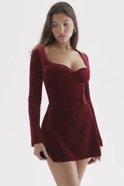 Y2K Velvet Plunge Neck Mini Dress - Retro Style for Chic Summer Outfits