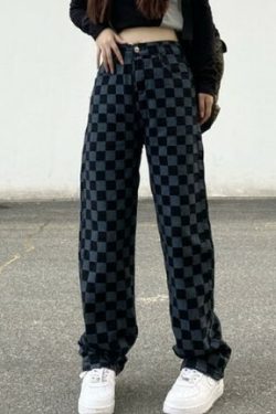Alaina Checkerboard Denim Wide Leg Pants - Y2K Grunge 90S Fashion Retro Summer Outfit
