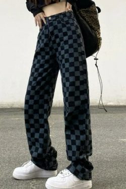 Alaina Checkerboard Denim Wide Leg Pants - Y2K Grunge 90S Fashion Retro Summer Outfit