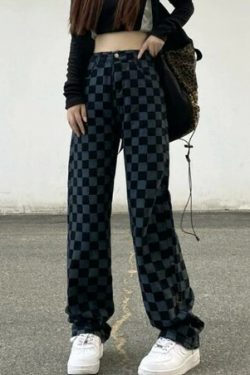 Alaina Checkerboard Denim Wide Leg Pants - Y2K Grunge 90S Fashion Retro Summer Outfit