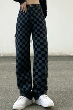 Alaina Checkerboard Denim Wide Leg Pants - Y2K Grunge 90S Fashion Retro Summer Outfit