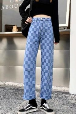 Alaina Checkerboard Denim Wide Leg Pants - Y2K Grunge 90S Fashion Retro Summer Outfit