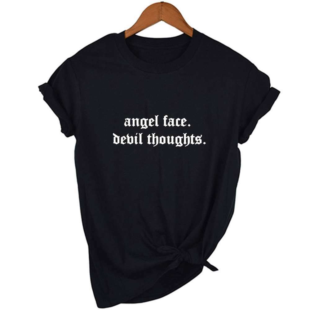 Angel Face Devil Thoughts Y2K Grunge Aesthetic T-Shirt - 90S Fashion, Retro, Summer Outfits