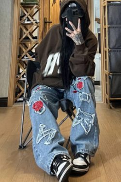 Chloe Embroidered Loose Pants - Y2K Summer Grunge, 90S Retro, Pastel Goth, Y2K Club Outfits