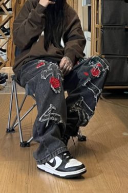 Chloe Embroidered Loose Pants - Y2K Summer Grunge, 90S Retro, Pastel Goth, Y2K Club Outfits