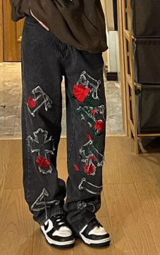 Chloe Embroidered Loose Pants - Y2K Summer Grunge, 90S Retro, Pastel Goth, Y2K Club Outfits