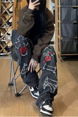 Chloe Embroidered Loose Pants - Y2K Summer Grunge, 90S Retro, Pastel Goth, Y2K Club Outfits