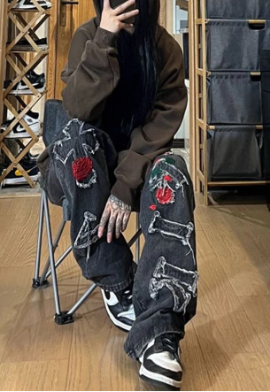 Chloe Embroidered Loose Pants - Y2K Summer Grunge, 90S Retro, Pastel Goth, Y2K Club Outfits Chloe Embroidered Loose Pants - Y2K Summer Grunge, 90S Retro, Pastel Goth, Y2K Club Outfits