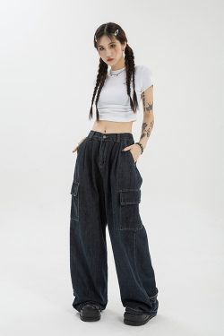 Dark Blue Baggy Jeans - Y2K Summer Grunge, 90S Retro, Hip Hop Fashion, Y2K Club & Party Outfits