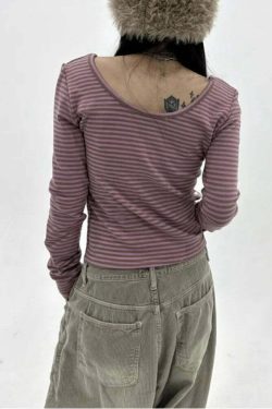 Deeptown Vintage Y2K Striped Crop Tops - 90S Grunge Aesthetic Long Sleeve Casual Tees