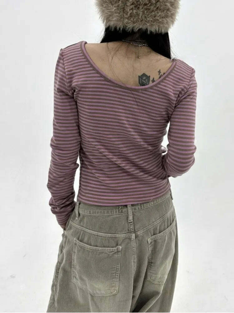 Deeptown Vintage Y2K Striped Crop Tops - 90S Grunge Aesthetic Long Sleeve Casual Tees Deeptown Vintage Y2K Striped Crop Tops - 90S Grunge Aesthetic Long Sleeve Casual Tees