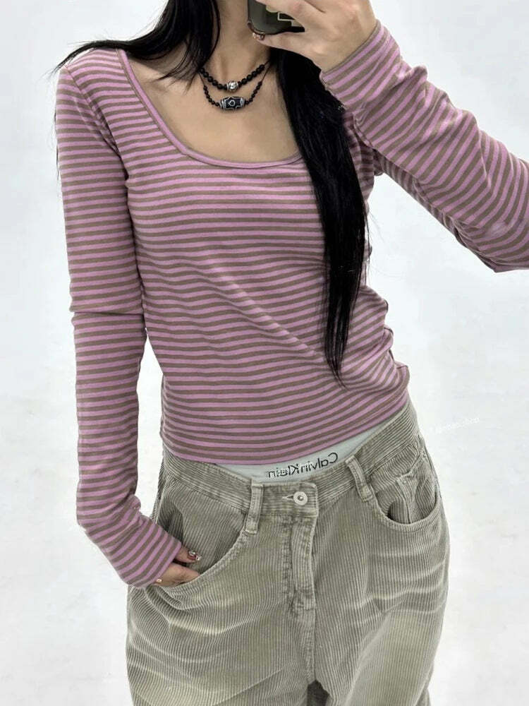Deeptown Vintage Y2K Striped Crop Tops - 90S Grunge Aesthetic Long Sleeve Casual Tees Deeptown Vintage Y2K Striped Crop Tops - 90S Grunge Aesthetic Long Sleeve Casual Tees
