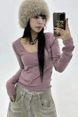 Deeptown Vintage Y2K Striped Crop Tops - 90S Grunge Aesthetic Long Sleeve Casual Tees