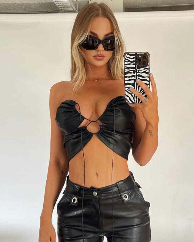 Delilah Pu Leather Top - Y2K Summer Grunge, 90S Retro, Gothic Y2K, Party & Club Outfits Delilah Pu Leather Top - Y2K Summer Grunge, 90S Retro, Gothic Y2K, Party & Club Outfits