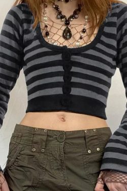 Eleanor Striped Long Sleeve Crop Top - Y2K Fashion, 90S Grunge, Retro Summer Outfit