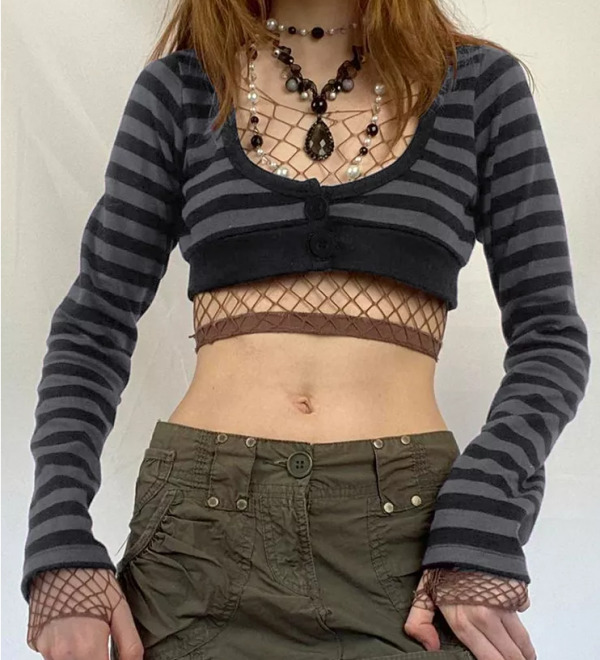 Eleanor Striped Long Sleeve Crop Top - Y2K Fashion, 90S Grunge, Retro Summer Outfit Eleanor Striped Long Sleeve Crop Top - Y2K Fashion, 90S Grunge, Retro Summer Outfit