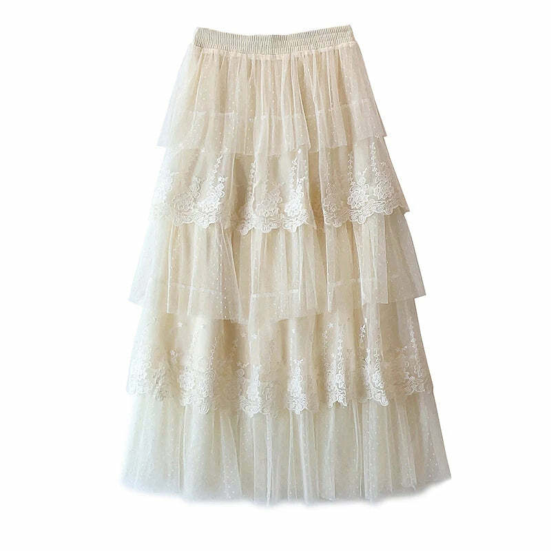 Elegant Y2K Lace Patchwork Tulle Skirt - Romantic Polka Dot High Waist Tiered Mesh Midi Skirt