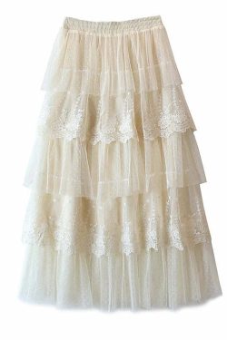 Elegant Y2K Lace Patchwork Tulle Skirt - Romantic Polka Dot High Waist Tiered Mesh Midi Skirt