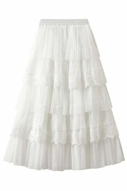 Elegant Y2K Lace Patchwork Tulle Skirt - Romantic Polka Dot High Waist Tiered Mesh Midi Skirt