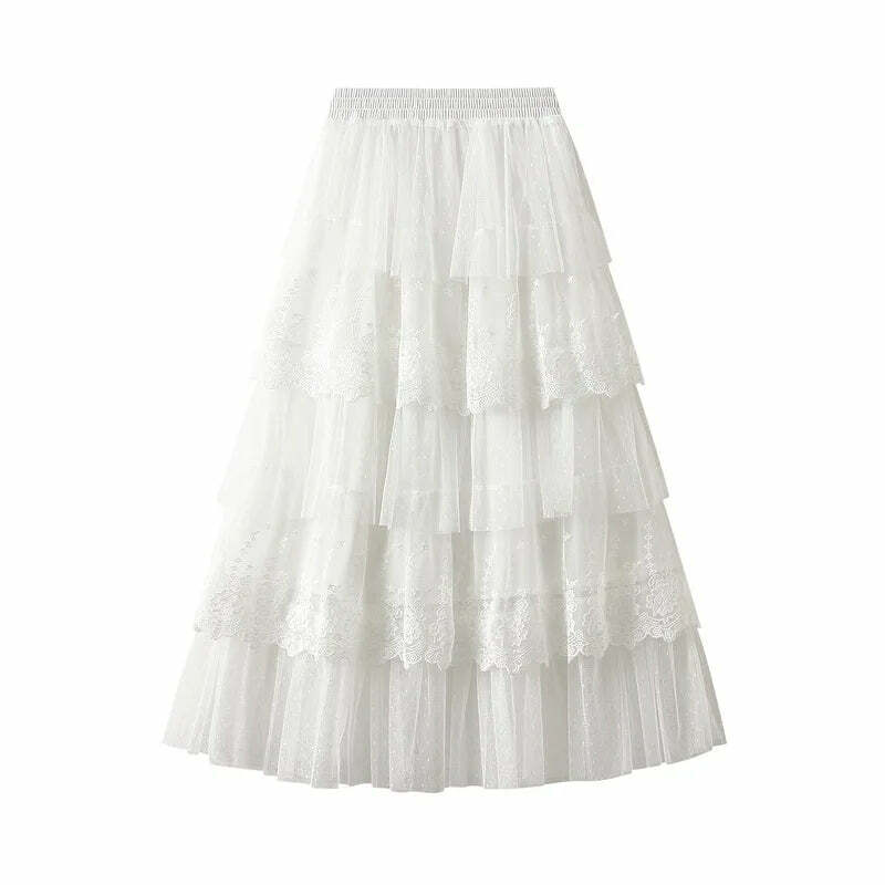 Elegant Y2K Lace Patchwork Tulle Skirt - Romantic Polka Dot High Waist Tiered Mesh Midi Skirt