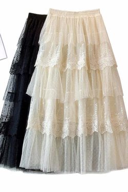 Elegant Y2K Lace Patchwork Tulle Skirt - Romantic Polka Dot High Waist Tiered Mesh Midi Skirt