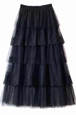 Elegant Y2K Lace Patchwork Tulle Skirt - Romantic Polka Dot High Waist Tiered Mesh Midi Skirt