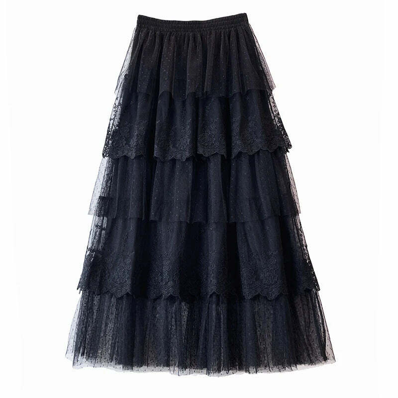 Elegant Y2K Lace Patchwork Tulle Skirt - Romantic Polka Dot High Waist Tiered Mesh Midi Skirt