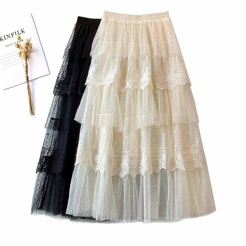 Elegant Y2K Lace Patchwork Tulle Skirt - Romantic Polka Dot High Waist Tiered Mesh Midi Skirt