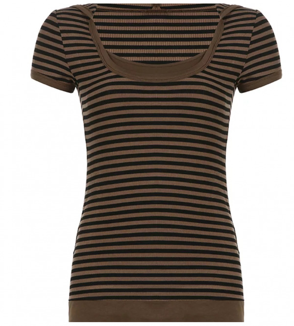Ellie Striped Brown And Black Short Sleeves - Y2K Summer Grunge 90S Fashion Retro Outfit