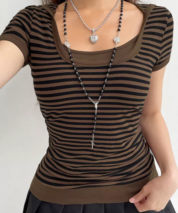 Ellie Striped Brown And Black Short Sleeves - Y2K Summer Grunge 90S Fashion Retro Outfit