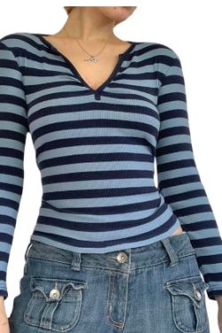 Emily Long Sleeves In Blue Stripes - Y2K Summer, 90S Fashion, Grunge, Retro, Pastel Goth Outfit