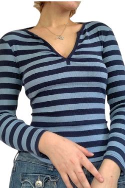 Emily Long Sleeves In Blue Stripes - Y2K Summer, 90S Fashion, Grunge, Retro, Pastel Goth Outfit