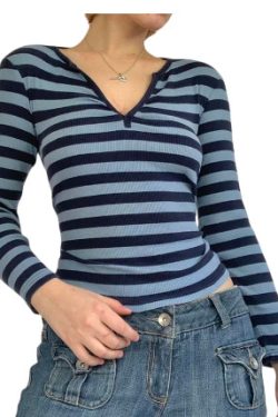 Emily Long Sleeves In Blue Stripes - Y2K Summer, 90S Fashion, Grunge, Retro, Pastel Goth Outfit