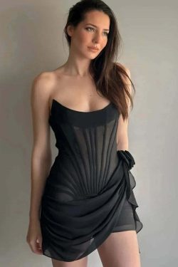 Fantoye Sexy Y2K Off Shoulder Ribbon Flower Black Backless Dress - 90S Grunge Summer Party Clubwear