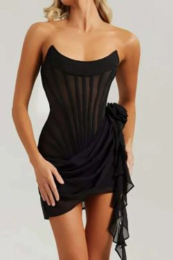 Fantoye Sexy Y2K Off Shoulder Ribbon Flower Black Backless Dress - 90S Grunge Summer Party Clubwear