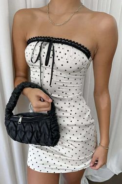 Fantoye Y2K Patchwork Strapless Print Dots Dress - Sexy Black Sleeveless Lace Up Summer Clubwear