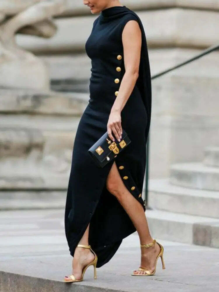 Freeacy Women Y2K Summer Sleeveless High Neck Slim Fit Split Maxi Dress - Retro 90S Grunge Style