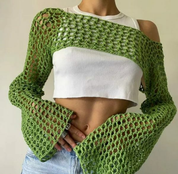 Genevieve Long Sleeve Crochet Top - Y2K Summer, 90S Grunge, Retro, Pastel Goth, Y2K Party Outfit