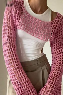 Genevieve Long Sleeve Crochet Top - Y2K Summer, 90S Grunge, Retro, Pastel Goth, Y2K Party Outfit