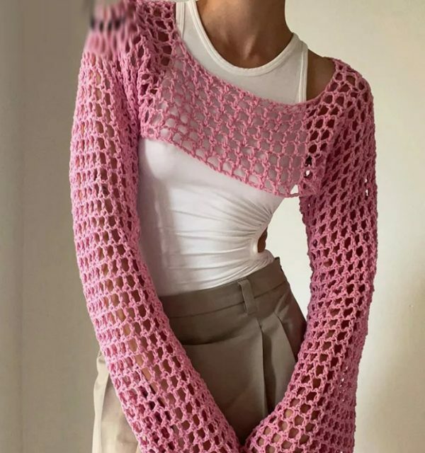 Genevieve Long Sleeve Crochet Top - Y2K Summer, 90S Grunge, Retro, Pastel Goth, Y2K Party Outfit