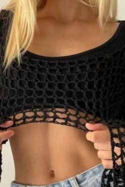 Genevieve Long Sleeve Crochet Top - Y2K Summer, 90S Grunge, Retro, Pastel Goth, Y2K Party Outfit